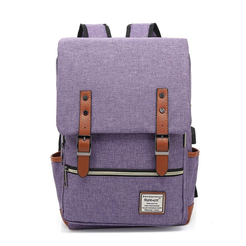 UGRACE Vintage Laptop Backpack with USB Charging Port, Elegant Water Resistant Travelling Backpack Casual Daypacks College Shoulder Bag for Men Women, Fits up to 15.6Inch Laptop in Purple - Image 1